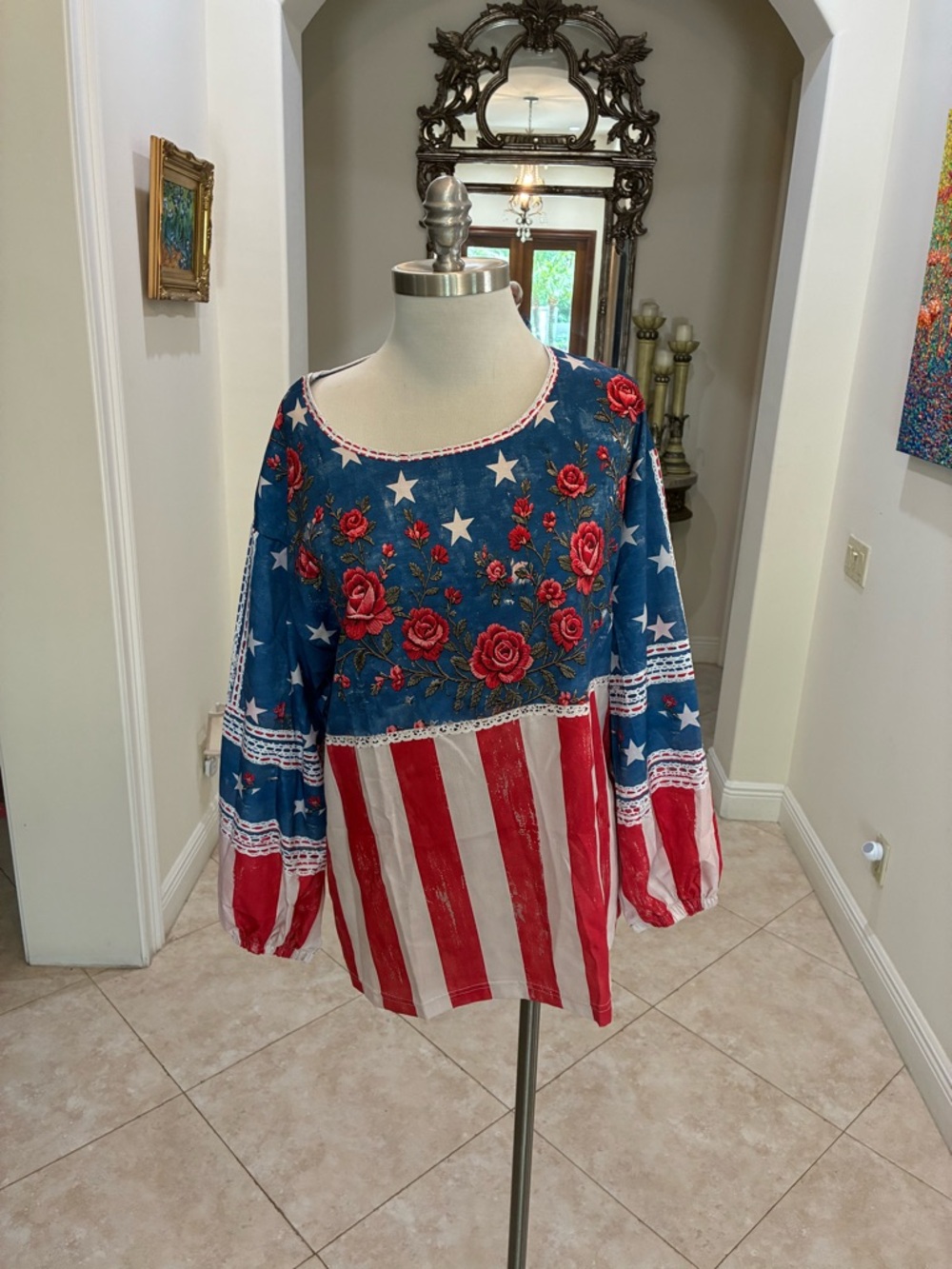 Patriotic Floral Patchwork Women's Long-Sleeve Top - Red, White & Blue